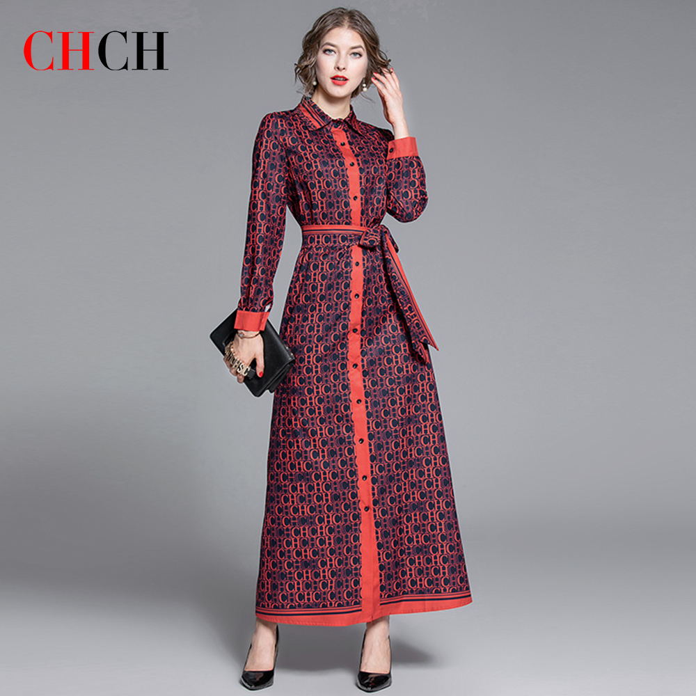 CHCH 2023 الصيف أنيقة للنساء التلبيب كم طويل طوق عالية الخصر طباعة كولوربلوك فساتين الملابس النسائية